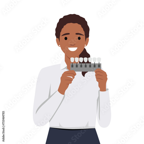 Woman holds device to determine shade of teeth passes test for quality of toothpaste. Flat vector illustration isolated on white background