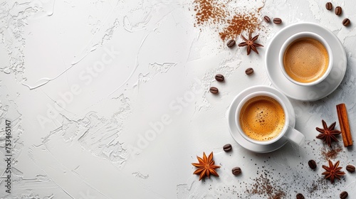 cups of hot aromatic espresso coffee on White background banner design