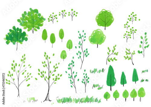 手書きの木のイラストセット　新緑　緑　植木　葉　植物　枝