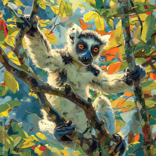 A playful lemur leaping between tree branches  AI generated