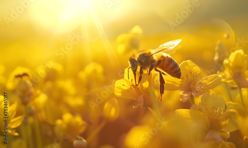 A rapeseed flower is in the rapeseed field and a little bee is picking honey, Generative AI  © simba kim