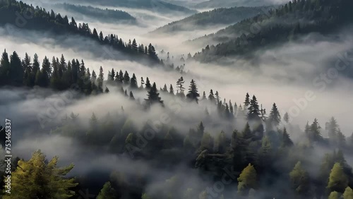 A misty morning with tall trees in a valley surrounded by dense fog. ai generative photo
