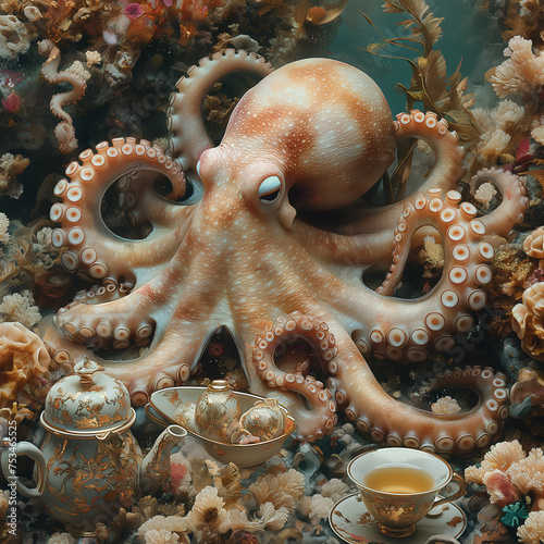 Octopus Tea Party: Beneath the waves, a whimsical tea party unfolds in a coral reef, AI generated © Yavor