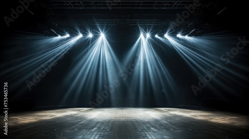 Spotlights Illuminate Empty Stage. Bright Lights on Dark Background in Studio for Entertainment