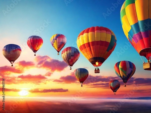 Colorful hot air balloons against a sunrise sky