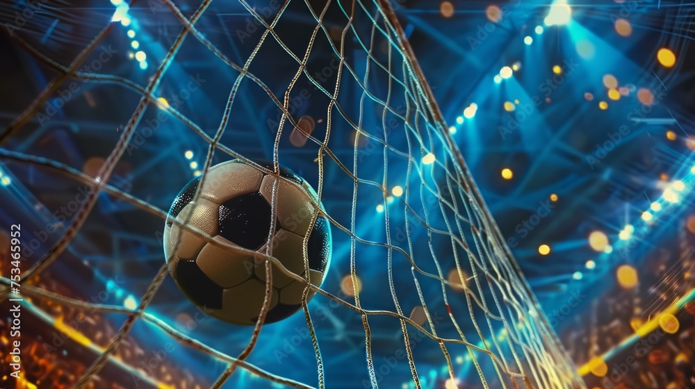 Fototapeta premium Soccer ball in goal net. A moment of delight