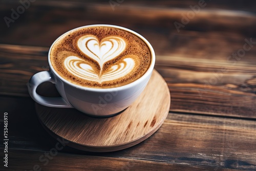Vintage Style White Coffee Cup with Heart-Shaped Latte Art on Wooden Table. Close-Up of Hot Drink