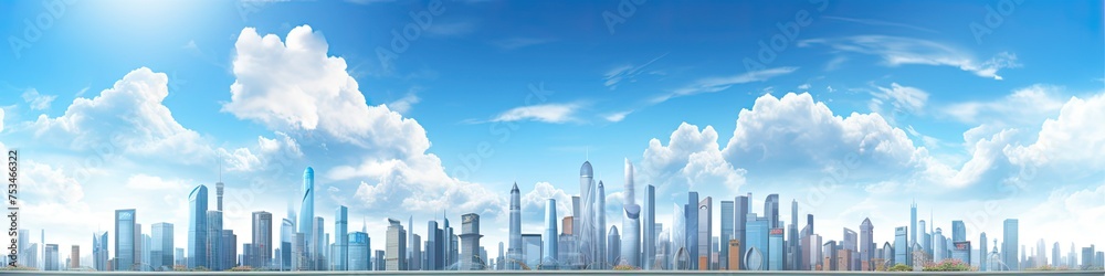 Panoramic View of Bright Daytime City Landscape - 3D Render with Skyscrapers, Architecture