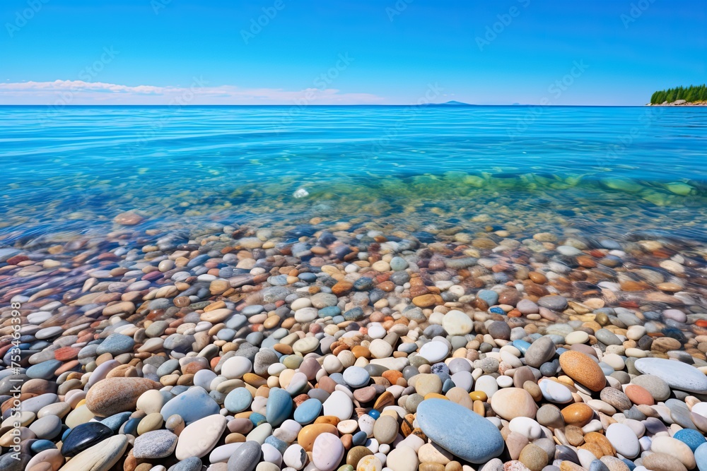 Serene Stone Beach with Pebble Ocean Background and a Majestic Horizon Beyond the Glorious Sky Serene Stone Beach with Pebble Ocean Background and a Majestic Horizon Beyond the Glorious Sky