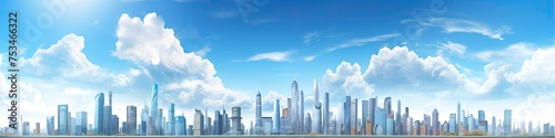 Panoramic View of Bright Daytime City Landscape - 3D Render with Skyscrapers  Architecture
