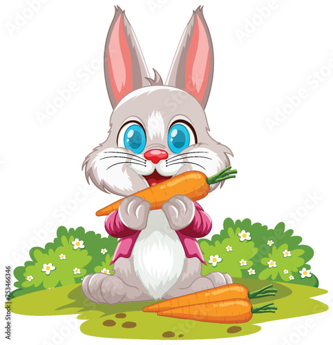 Adorable rabbit eating a carrot in a flower field