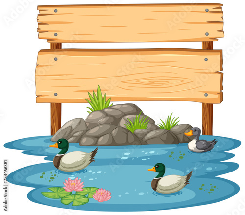 Vector illustration of ducks in a pond with sign