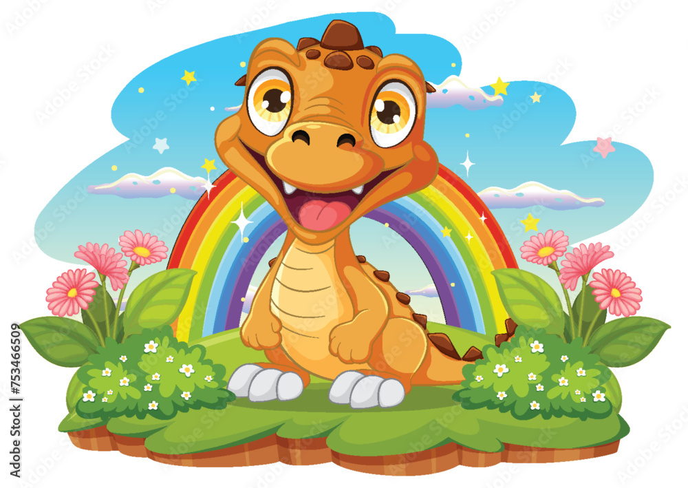 Happy cartoon dinosaur sitting by a colorful rainbow - obrazy, fototapety, plakaty 