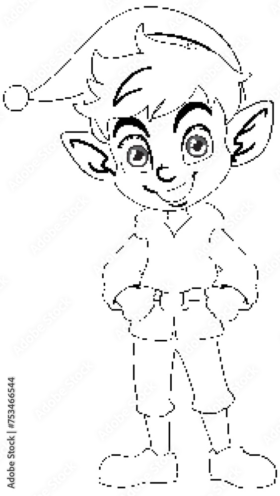 Black and white line art of a happy elf. Black and white line art of a happy elf.