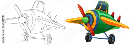 Vector illustration of a cartoon airplane, colored and outlined.