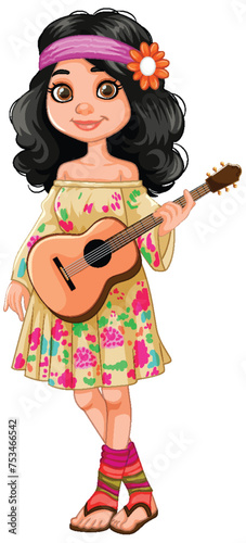 Cartoon girl with guitar in boho style dress.