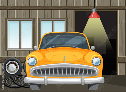 Classic orange car parked inside a wooden garage