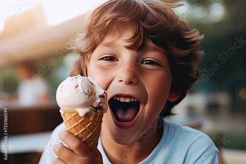 Close-up portrait of a boy eating ice cream in a waffle cone and laughing merrily. The ice cream has stained the happy face of the child.