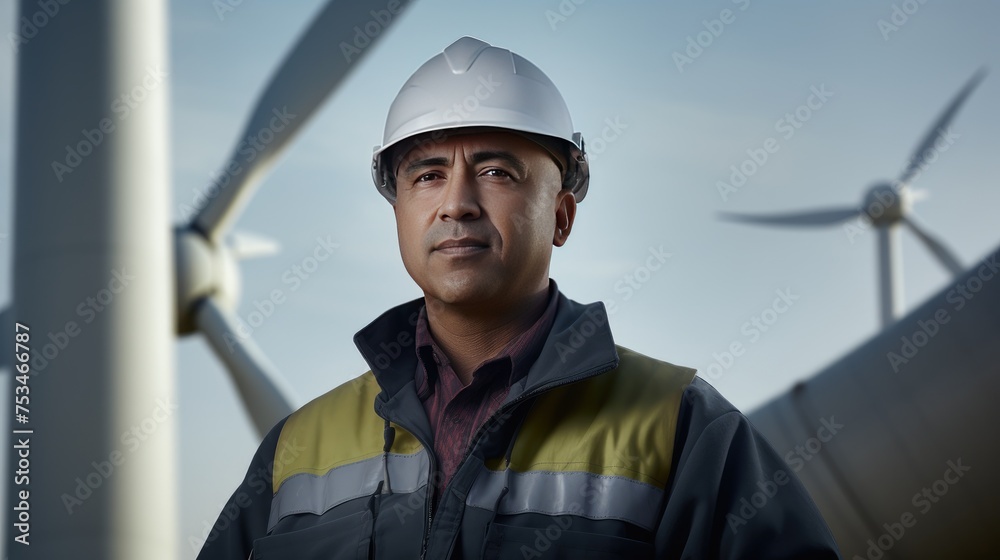 A male engineer wearing a white protective work helmet in front of many wind turbine blades at a power plant. A male engineer wearing a white protective work helmet in front of many wind turbine blades at a power plant.
