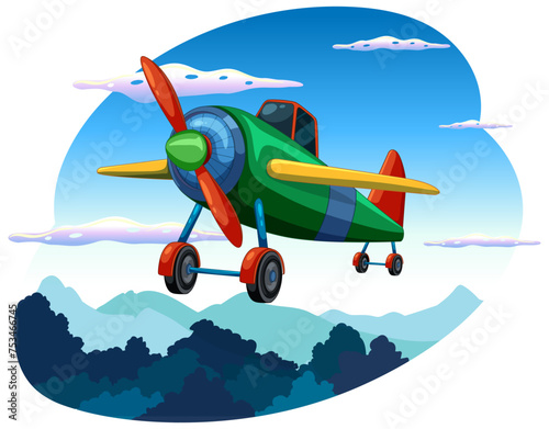 Colorful old-fashioned airplane flying in the sky