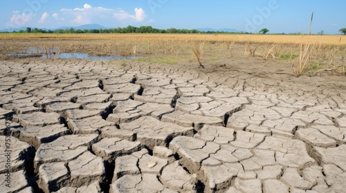 A field with dried soil against a blue sky. Deep cracks in the ground due to drought. The bottom of a dry lake or river.
