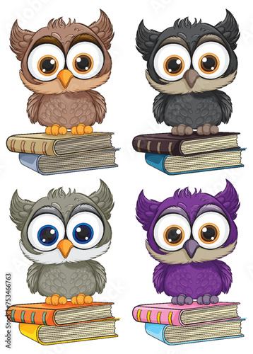 Four cute cartoon owls perched on stacked books
