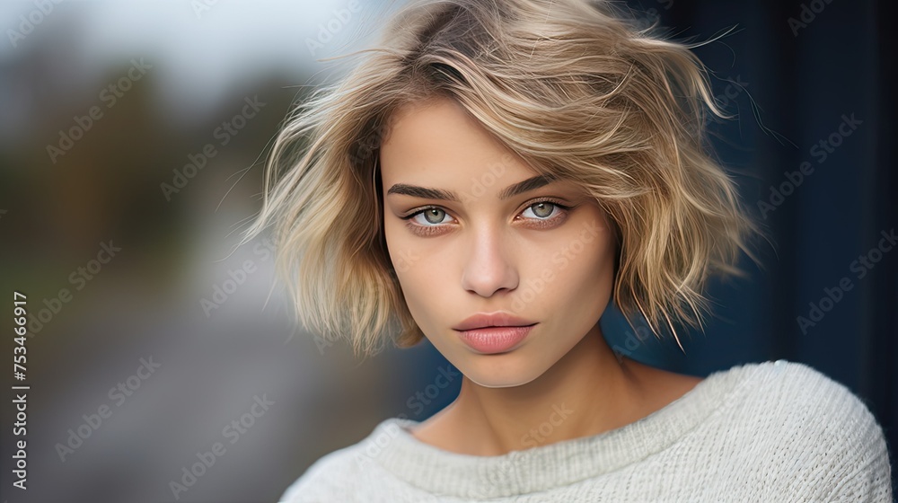 Portrait of a pretty young white woman with short haircut wearing a warm knitted sweater on a light blurred background.