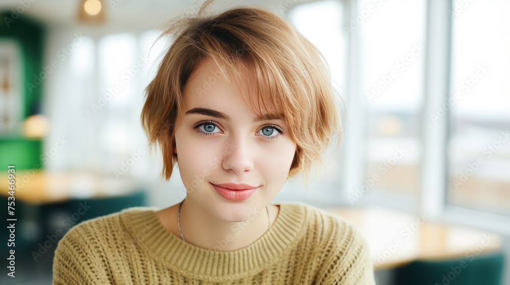 Portrait of a pretty young white woman with short haircut wearing a warm knitted sweater on a light blurred background. Portrait of a pretty young white woman with short haircut wearing a warm knitted sweater on a light blurred background.
