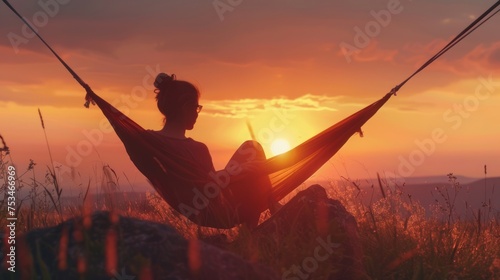 Woman Resting in Hammock at Sunset © SAHURI