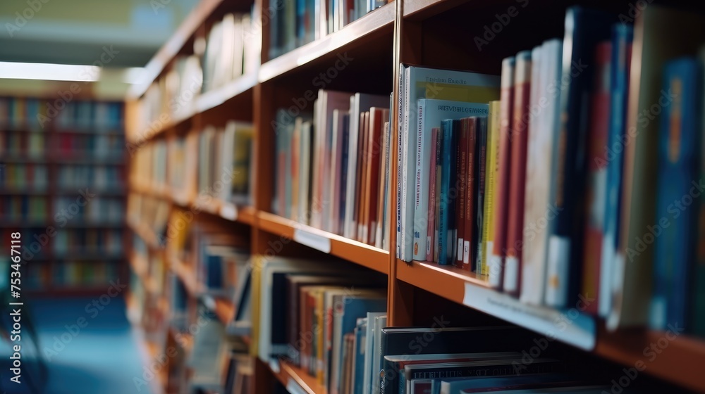 Close-up shot of a shelf of books in a library or secondhand bookstore. Rows of various folios, printed publications. Close-up shot of a shelf of books in a library or secondhand bookstore. Rows of various folios, printed publications.