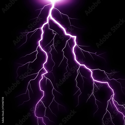 Isolated electrical lightning strike visual effect on black background.