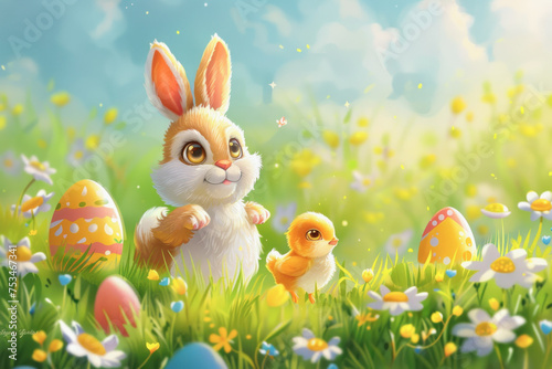 A bunny and a chicken are standing in a field of grass with a few eggs scattered around them. The bunny is looking at the camera with a smile on its face, while the chicken is pecking at the ground