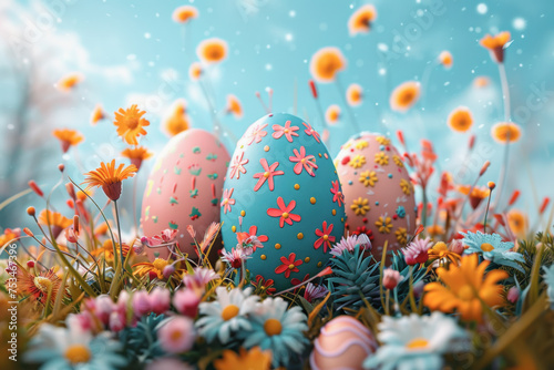 Three painted eggs are sitting in a field of flowers. The eggs are decorated with flowers and are surrounded by a colorful field of daisies. The scene is bright and cheerful, evoking a sense of joy