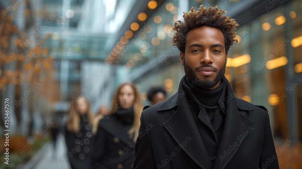 Fototapeta premium Young businessmen and businesswomen dressed in modern black walking in a large modern office outdoor environment exude confidence and unity