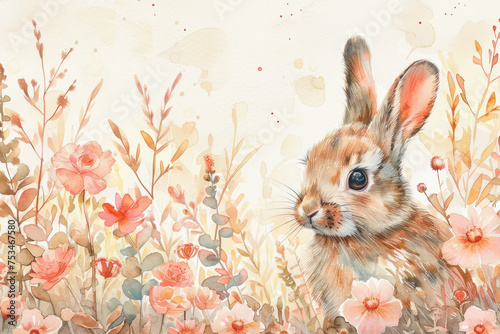 A rabbit is standing in a field of flowers. The rabbit is looking at the camera. The flowers are pink and yellow