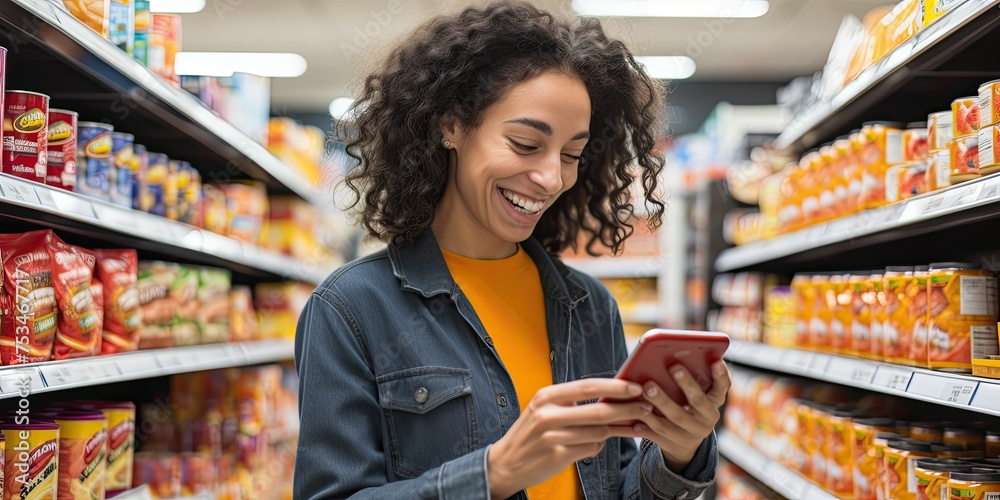 A young woman browses her smartphone while shopping in the supermarket, multitasking in the aisles