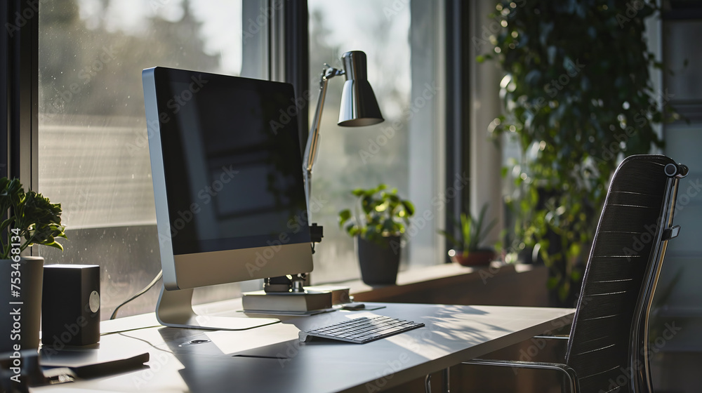 The early morning sun casts a warm glow on a modern workspace with a monitor, promising a day of productivity The early morning sun casts a warm glow on a modern workspace with a monitor, promising a day of productivity