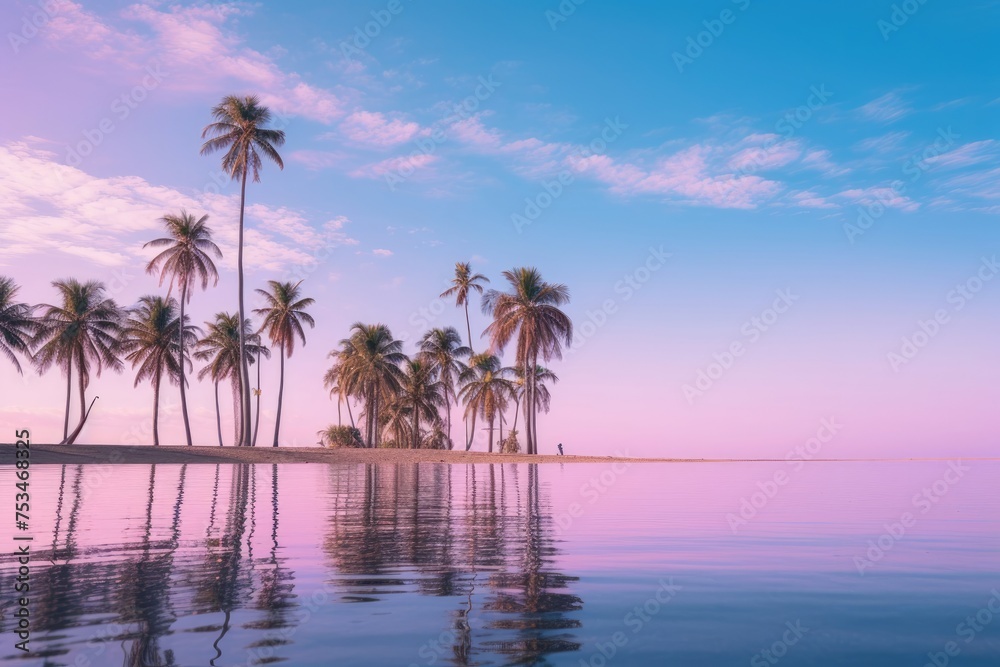Tranquil palm tree reflection in calm water with cotton candy sky