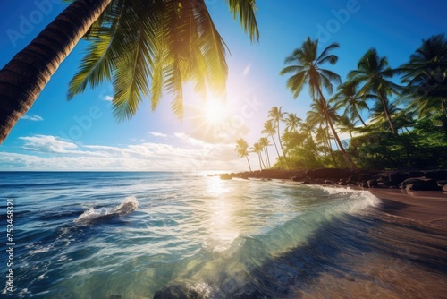 Sun-kissed palm trees on a tranquil ocean coastline under blue sky