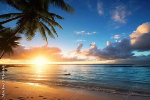 Idyllic seaside landscape with palm trees and sunrays conveying warmth and hope