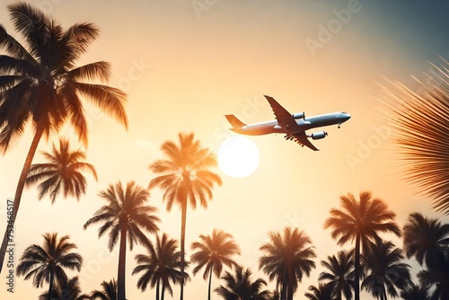 Airplane flying above palm trees in clear sunset sky with sun rays. Concept of traveling, vacation and travel by air transport. Beautiful sky background.