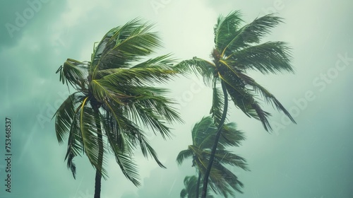 Coconut trees blown by strong winds in a tropical storm under an overcast sky, natural disaster concept. © Keat