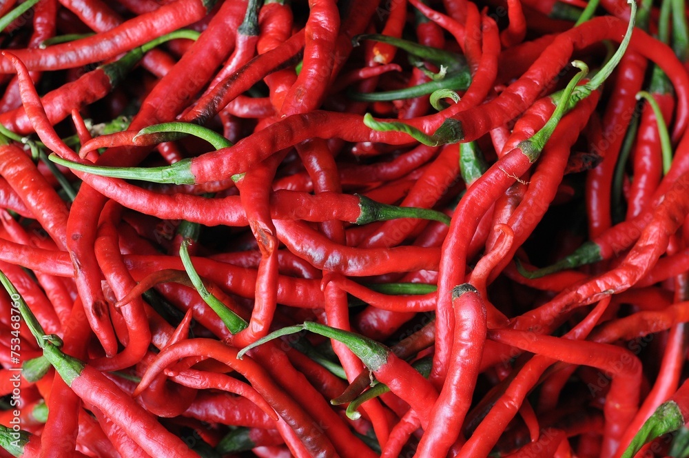 Fresh red chilies in traditional market, nature background