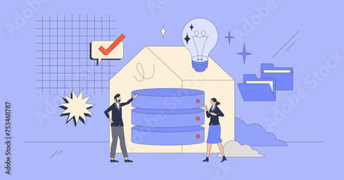Data warehousing and file collection in servers retro tiny person concept. Comprehensive database and system for structured data analysis and reporting vector illustration. Information storage tool.