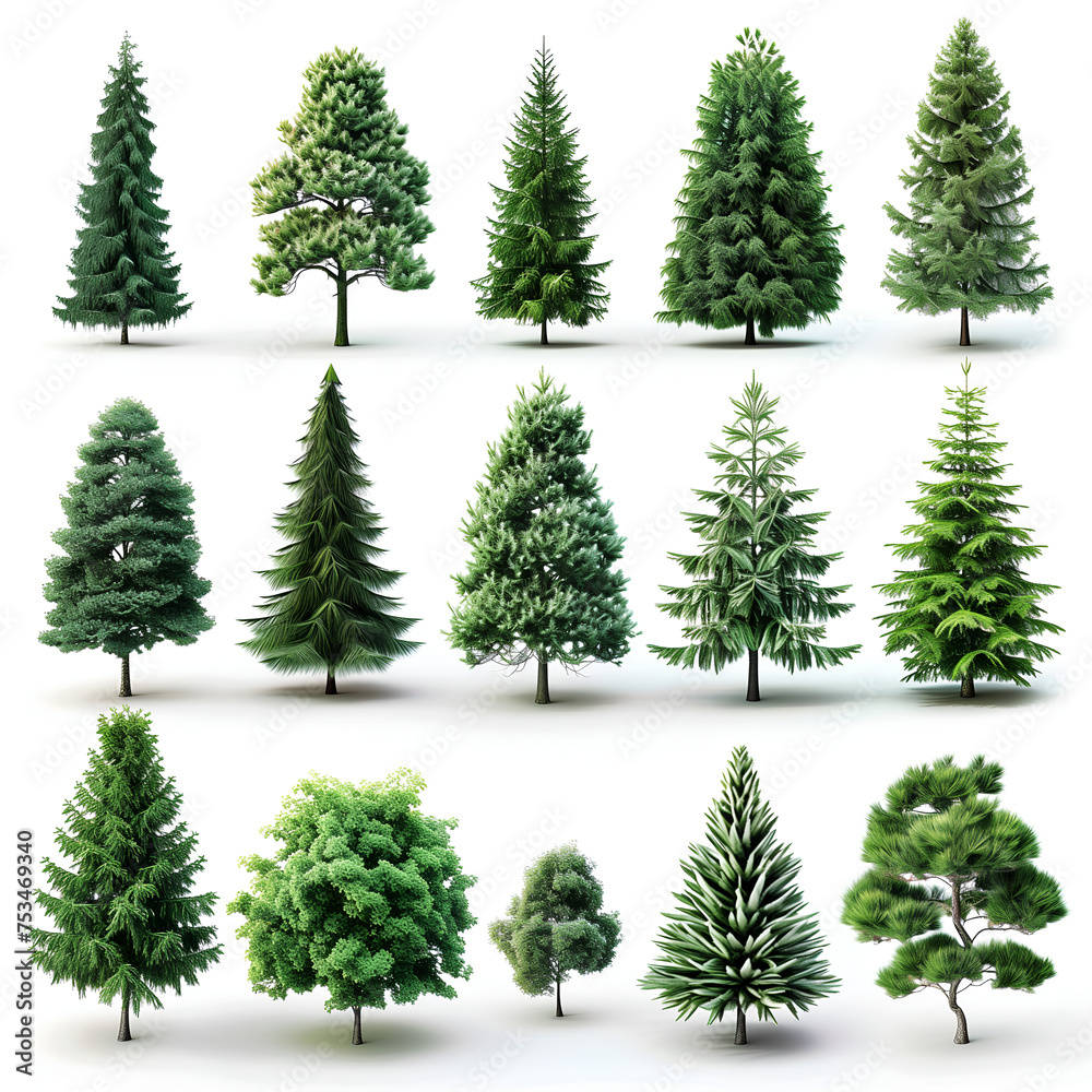 a collection of pine tree on white background