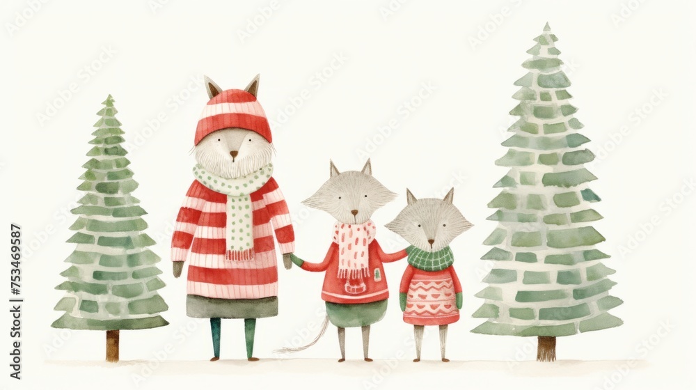 A charming watercolor illustration featuring a festive wolf family near a Christmas tree, designed in a Scandinavian red-green boho style. Postcard-style against a white background. A charming watercolor illustration featuring a festive wolf family near a Christmas tree, designed in a Scandinavian red-green boho style. Postcard-style against a white background.
