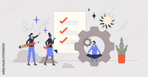 Task management and effective work organization retro tiny person concept. Schedule and plan for business efficiency vector illustration. Project organization and activities for productivity boost.