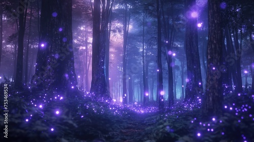 Shiny glowing magical fabulous forest with fireflies. Generative AI