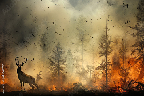 A deer stands amongst burning trees in a forest, fleeing from a raging fire as part of an escaping wildlife scene © Anoo