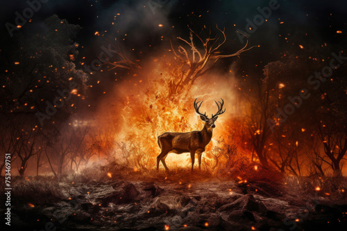 A deer stands in front of a fiery forest, highlighting the urgency of environmental issues like forest fires